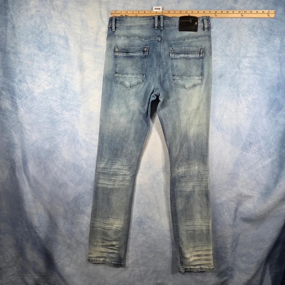 Copper Rivet Mens Slim Straight Distressed Light Wash Blue Denim Jeans 34x34